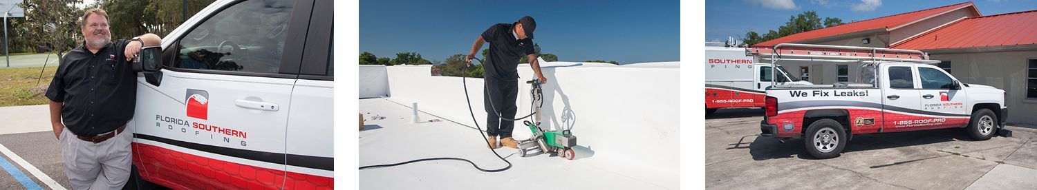 Brian Wallace, President of Florida Southern Roofing leaning on a Florida Southern Roofing truck, a technician working on a Florida Commercial Roof, and a Florida Southern Roofing truck parked in front of the Sarasota headquarters.