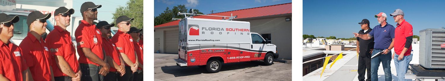 Florida Southern Roofing employees on site during a commercial roof repair. Commercial roof replacement services in Sarasota, FL Florida Southern Roofing And SheetMetal 