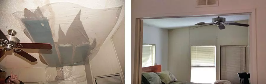 Before and after pictures of the ceiling that Matt Ryan of Matt Ryan Stucco & Plaster repaired with drywall donated by Construction Supply of Southwest Florida.