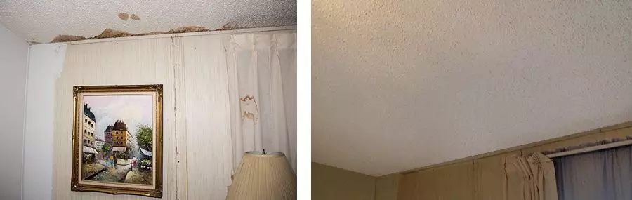 Before and after pictures of the ceiling that Matt Ryan of Matt Ryan Stucco & Plaster repaired with drywall donated by Construction Supply of Southwest Florida.