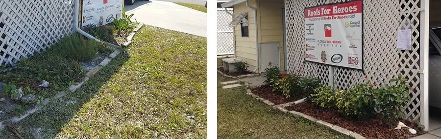 Before and after pictures of new plantings and mulch donated by Pestguard Commercial.